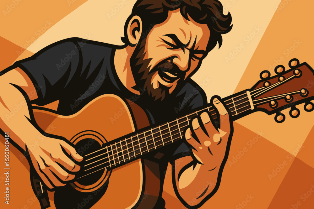 Acoustic guitar player performing music, strumming strings, closeup on hands, modern vector illustration, artistic musician, instrumentalist, folk and country concert, orange background concept Acoustic guitar player performing music, strumming strings, closeup on hands, modern vector illustration, artistic musician, instrumentalist, folk and country concert, orange background concept