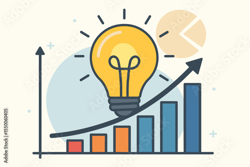 Innovative ideas and business growth concept. Light bulb with rising bar graph, upward arrow, pie chart. Creative thinking, data analytics, success, progress. Vector illustration for finance strategy
