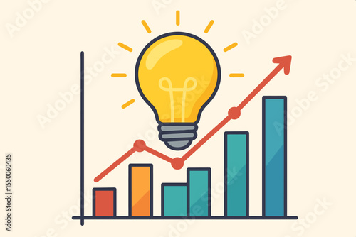 Creative business growth concept. Innovation and idea generation metaphor. Light bulb icon with rising bar chart and progress arrow. Success, analytics, startup, data analysis vector illustration.
