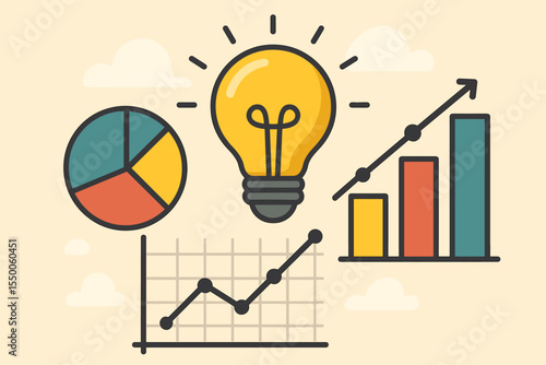 Creative business idea concept with light bulb, pie chart, bar graph, line chart. Vector illustration for data analysis, innovation, analytics, finance, growth, strategy, progress, planning