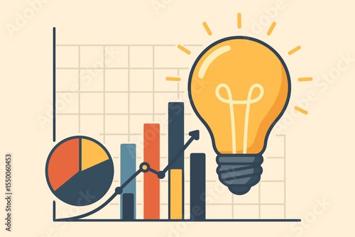 Creative innovation concept with light bulb and glowing rays, pie chart, bar graph, line chart, statistical data analysis, business growth symbol, vector illustration for ideas and analytics