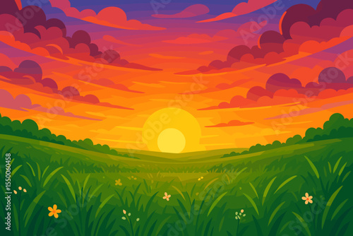Vibrant sunset landscape with glowing sun, colorful clouds, lush green grass meadow, wildflowers, rolling hills, summer evening countryside, vector cartoon illustration, nature background