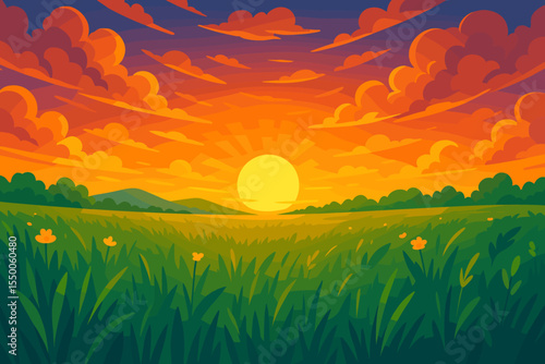 Colorful sunset landscape with glowing sun above grassy meadow, wildflowers, rolling hills, dramatic orange clouds, nature scenery, summer field, vibrant cartoon vector illustration