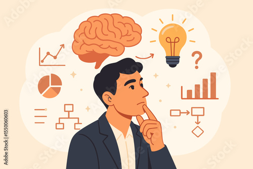 Businessman Thinking Process, Intelligence and Creative Brainstorming, Data Analysis, Idea Generation, Problem Solving, Decision Making, Innovation Concept, Vector Illustration