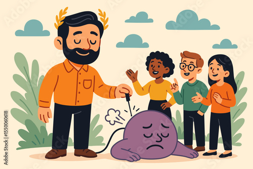 Humble leader deflating ego illustration. Concept of embracing feedback, diverse perspectives, teamwork, personal growth, leadership humility, self-improvement, and open-mindedness. Vector cartoon.