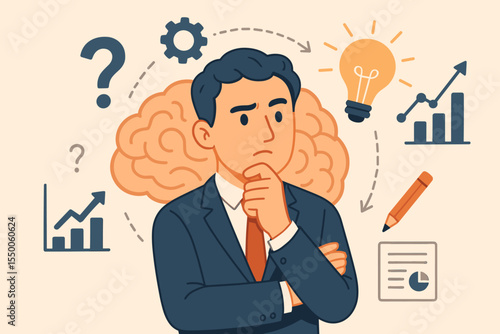 Businessman Brainstorming Creative Ideas, Business Analysis and Decision Making, Intelligence, Innovation, Problem Solving, Data Analytics, Strategy Planning, Success Concept Illustration