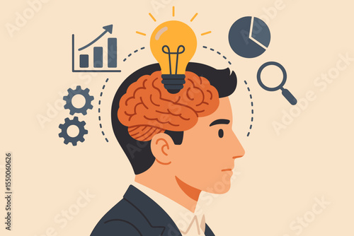 Businessman Brainstorming Innovation Process. Creative Intelligence, Business Analysis, Problem Solving, New Ideas Generation, Analytical Thinking. Vector Illustration with Brain and Icons