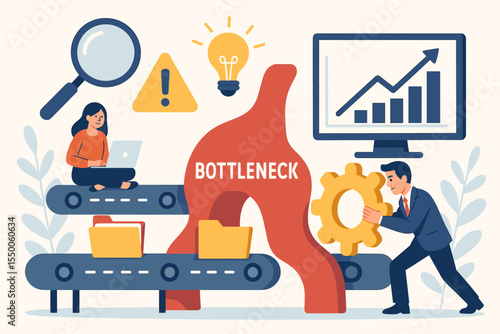 Business Workflow Bottleneck Concept Illustration. Process Improvement, Efficiency Optimization, Productivity Growth, Problem Solving, Analysis, Teamwork, Automation, Data Management, Vector Art