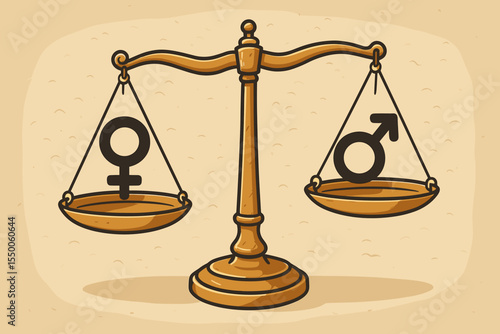 Gender Inequality Concept. Imbalanced Scales with Male and Female Symbols. Metaphor for Social Justice, Feminism, Gender Discrimination, Equal Rights, Gender Gap, Vector Cartoon Illustration