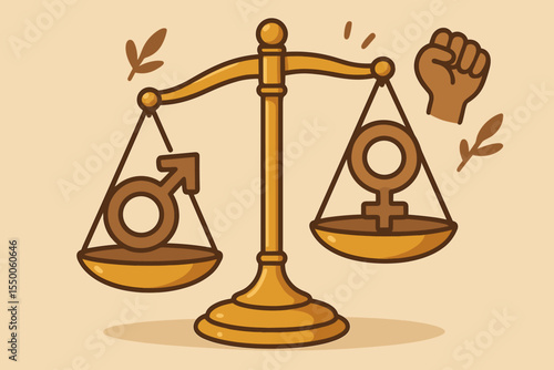 Gender inequality metaphor scales. Social justice concept. Cartoon vector balance with male and female symbols. Feminism, empowerment, discrimination, rights, equality fight, activism illustration