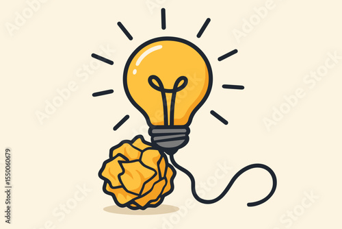 Creative idea concept with glowing lightbulb, crumpled paper ball inspiration, innovation symbol, brainstorming, creativity process, problem-solving, cartoon vector illustration, no text