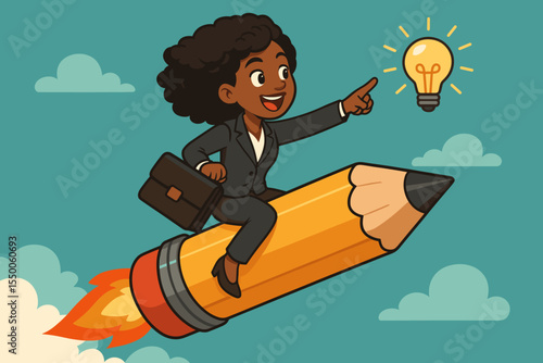 Ambitious African American businesswoman riding rocket pencil vector, pointing at glowing lightbulb, creative innovation, business growth, leadership, success, inspirational cartoon illustration