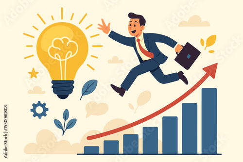 Businessman Jumping Over Bar Chart Arrow with Light Bulb Brain, Innovation, Creativity, Growth, Productivity, Success, Motivation, Leadership, Vector Illustration, Startup, Idea Concept