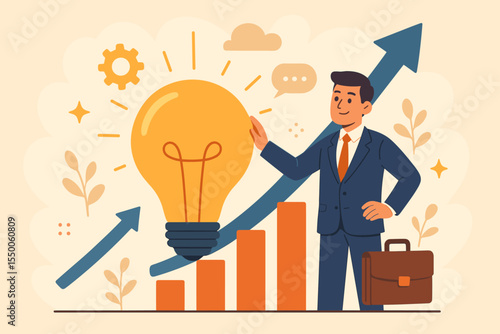 Businessman with Light Bulb Idea Driving Productivity Growth. Creative Innovation, Success, Strategy, Progress. Vector Illustration of Graph, Arrow, Briefcase, Business Solutions, Leadership Concept