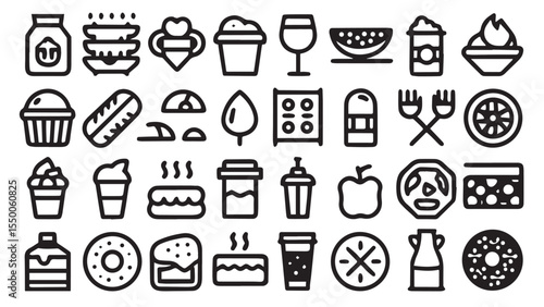 Hand-drawn vector doodle set of food and drink icons, a collection of cafe and restaurant symbols and illustrations