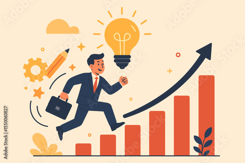 Business Success Growth Concept. Professional Man in Suit Jumping Over Bar Graph. Innovation, Creative Thinking, Career Progress, Productivity Improvement, Goal Achievement. Vector Illustration