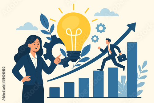 Business innovation and creative thinking for productivity and growth. Teamwork, leadership, idea generation, success. Businesswoman and businessman with light bulb, graph, gears, upward arrow.