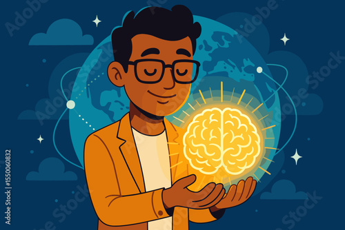 Innovator holding glowing brain in hands, symbolizing knowledge sharing, global connectivity and digital intelligence, technology innovation and creative idea concept, cartoon vector illustration