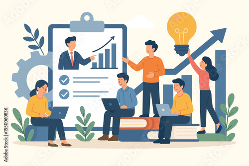 Business Teamwork Training and Career Development Concept. Internship Skill Enhancement, Corporate Workshop, Employees Learning, Coaching, Growth, Leadership, Collaboration. Vector Illustration