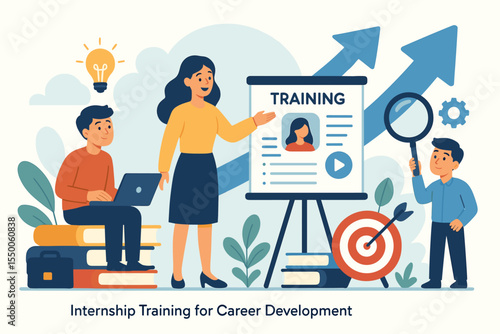 Internship Training Program for Career Growth, Skill Development, Mentorship, Teamwork, Office Education. Professional Vector Illustration with Business People, Target, Books, and Arrow Up