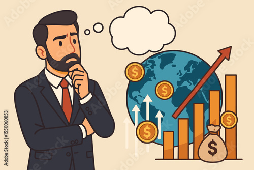 Businessman Thinking About Global Financial Investment Opportunities. Economic Growth, Worldwide Market Analysis, Profit Strategy, Rising Revenue, Money Bag, Coin, Bar Chart, Success Concept