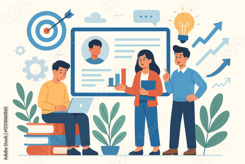 Internship training career development and skill enhancement illustration. Young professionals in mentorship and teamwork environment with laptop, books, growth arrows, target, light bulb idea