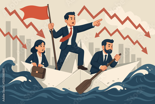 Business Team on Paper Boat Navigating Financial Crisis, Leadership in Volatile Market, Uncertainty Challenge, Red Arrow Stocks, Economic Downturn, Courage and Teamwork Concept Vector Illustration