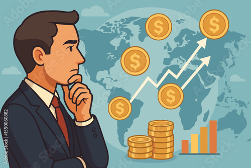 Businessman Analyzing Global Finance and Investment Growth. Economic Strategy. International Market Success. Profit Planning. Money Coins, Rising Graph, Bar Chart, World Map. Vector Illustration