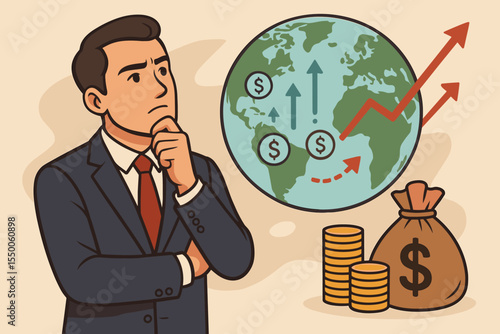 Businessman Analyzing Global Investment Strategy Profit Growth. Finance Expert, World Economy, Money Bag, Coins, Rising Arrow, Economic Trends, Stock Market Success, Financial Opportunities Vector