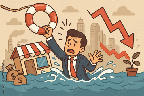 Business crisis lifeline support survival concept. Cartoon businessman drowning in financial flood, lifebuoy rescue, sinking store with cash bags, falling red arrow, economic downturn.