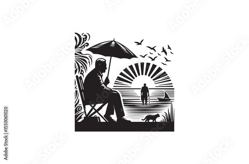 An modest straightforward summer day life  silhouette on a white backdrop Basic black-and-white 