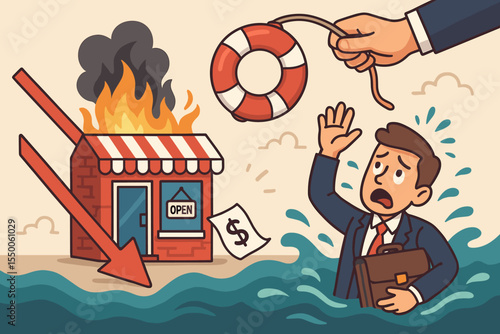 Vector illustration of a lifeline rescuing struggling businesses with financial support, survival strategies, crisis teamwork, guidance for business recovery, resilience and growth in adversity