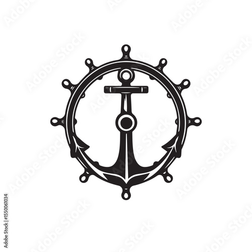 Nautical anchor symbol with ship s wheel emblem in black and white