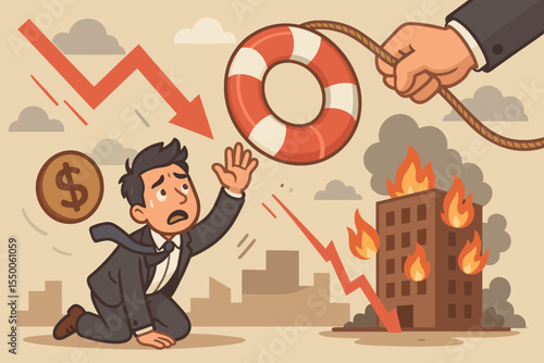 Financial Crisis Rescue Concept. Businessman in Distress Reaches for Lifebuoy Amid Economic Downturn, Stock Market Crash, Burning Office Building, Bankrupt Business, Cartoon Vector Illustration