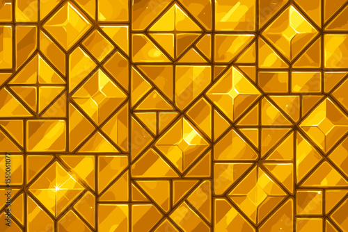 Shiny Golden Mosaic Glass Texture with Geometric Diamond Patterns, Reflective Abstract Luxury Tile Background, Seamless Faceted Polygonal Surface, Vector Decorative Design for Elegant Interiors