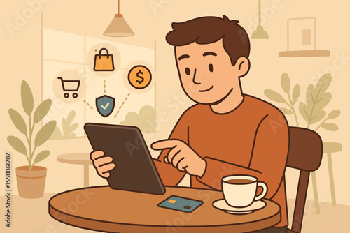 Smiling man using tablet for secure online shopping and digital banking in cozy coffee shop, ecommerce payment transaction, credit card, financial technology, vector cartoon illustration
