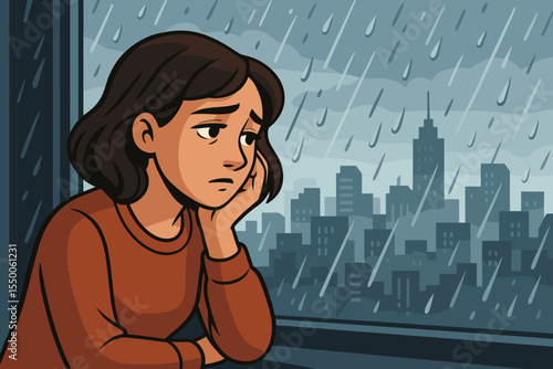 Melancholy woman looking out rainy window at city skyline. Loneliness, sadness, depression, solitude, reflection. Vector cartoon. Urban landscape, rainstorm, emotional mood, mental health, indoors.