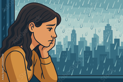 Sad woman sitting by window looking at rainy city skyline. Melancholy mood. Depression, loneliness, solitude, mental health. Urban life, stress, reflection, urban rainstorm, emotional cartoon vector