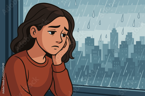 Sad thoughtful woman looking out rainy window at city skyline. Urban loneliness, depression, melancholy, solitude, emotional mood, cartoon vector illustration, introspective rainy day