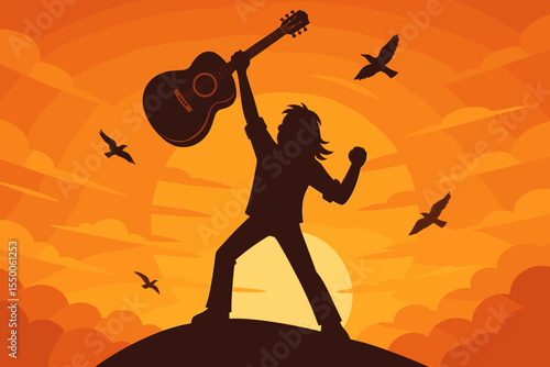 Triumphant musician silhouette holding acoustic guitar at sunset, inspirational rock star concept, victorious pose, birds flying, dramatic orange sky, freedom and achievement vector illustration