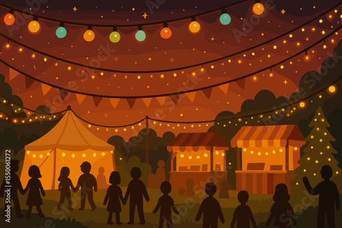 Festive outdoor night festival celebration with glowing string lights, illuminated market stalls, Christmas tree, cheerful crowd, tents, party bunting, holiday fair, cartoon vector illustration
