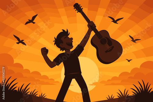 Triumphant guitarist silhouette holding acoustic guitar at vibrant sunset, flying birds, joyful celebration, outdoor music festival scene, hopeful orange sky, inspiring vector illustration