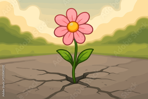 Resilient pink flower blooming through cracked asphalt, cartoon vector illustration symbolizing hope, perseverance, nature overcoming adversity, urban growth, survival, soft focused background