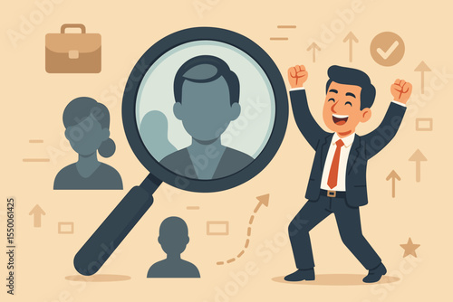 Talent search and career opportunity concept vector illustration with magnifying glass highlighting a candidate silhouette, businessman celebrating hiring victory, recruitment success, placement joy