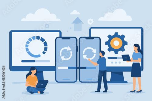 Flat cartoon technology vector illustration of system update, data synchronization, cloud and software installation progress bars on desktop and mobile devices with team collaboration