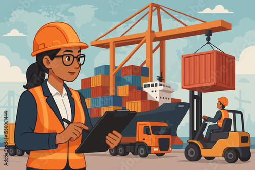 Global trade logistics and efficient cargo loading supervision at busy port terminal with container cranes, forklifts, cargo ships ensuring optimized freight transport and operations