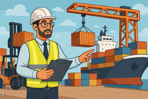 Logistics supervisor with clipboard and safety vest directing container crane and forklift efficiently loading cargo containers onto container ship at a busy seaport terminal for global trade