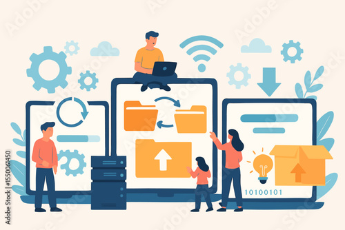 Cartoon illustration of device synchronization and system update progress with cloud transfer, data synchronization arrows, folder upload download, program installation concept on multiple screens