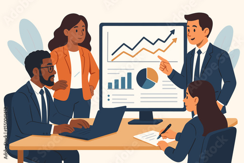 Business team analyzing statistical finance data on office monitor with charts and graphs. Corporate analytics presentation for growth trend, dashboard and collaborative decision making in boardroom