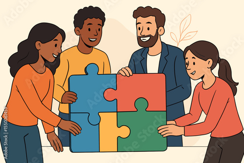 Multicultural team collaboration concept with diverse group of professionals assembling colorful jigsaw puzzle pieces symbolizing teamwork unity cooperation partnership problem solving integration